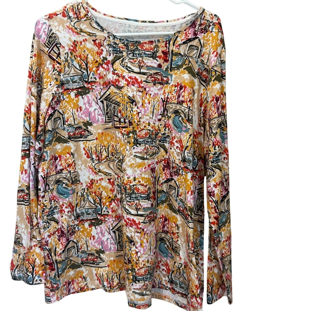 Talbots Womens Size 1X Long Sleeve Knit Top Scenic Fall Scene Tee